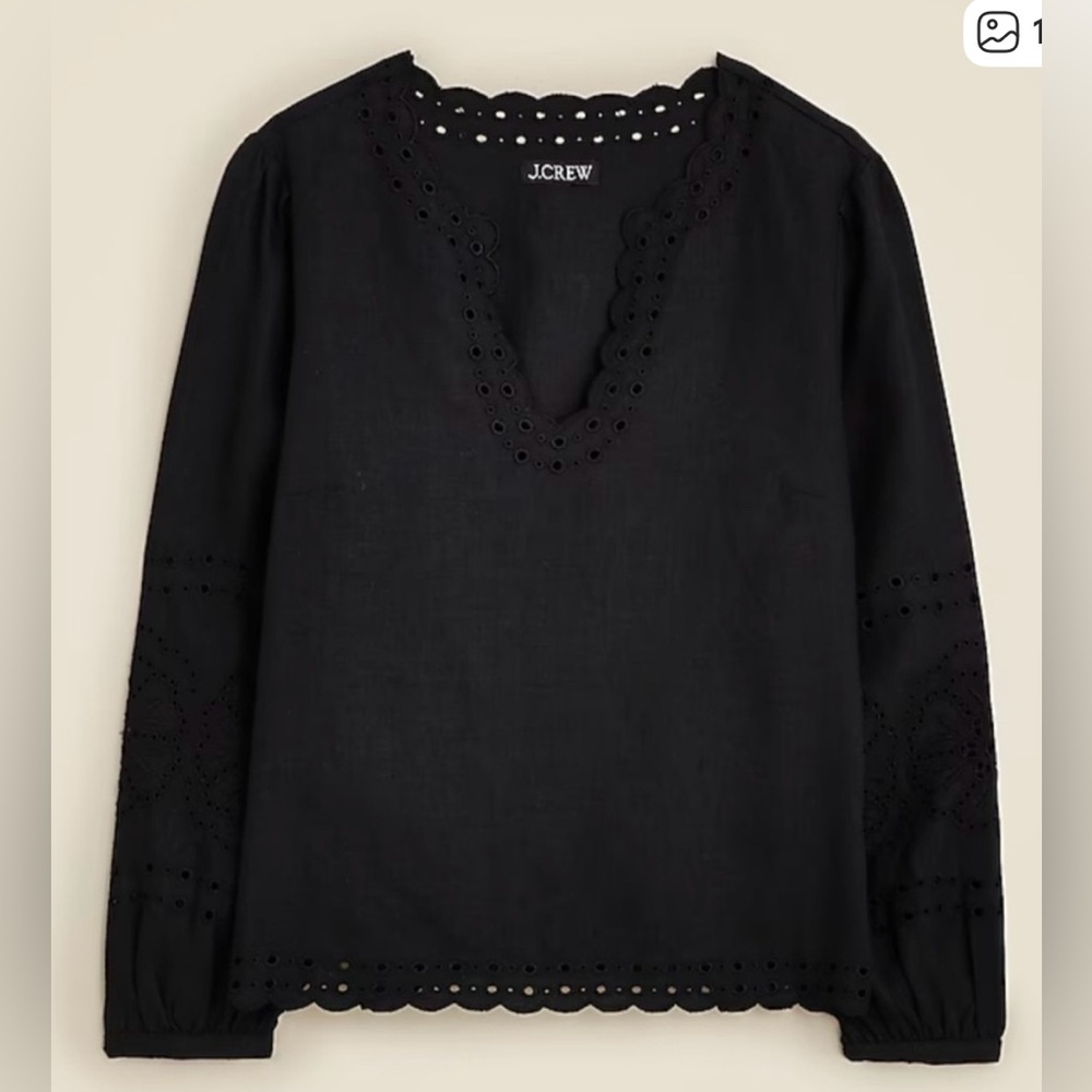 J. Crew Bungalow embroidered eyelet long sleeve linen top size large in black